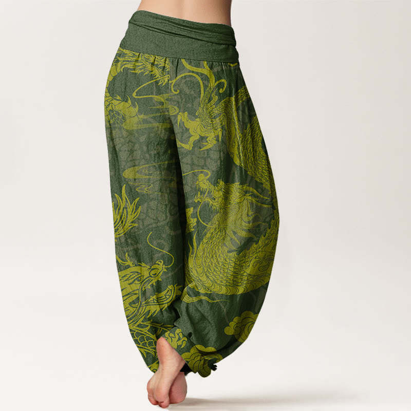 Dragon Auspicious Clouds Women's Elastic Waist Harem Pants