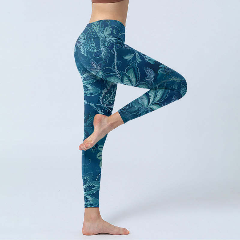 Blue Flowers Print Sports Fitness Leggings Women's Yoga Pants