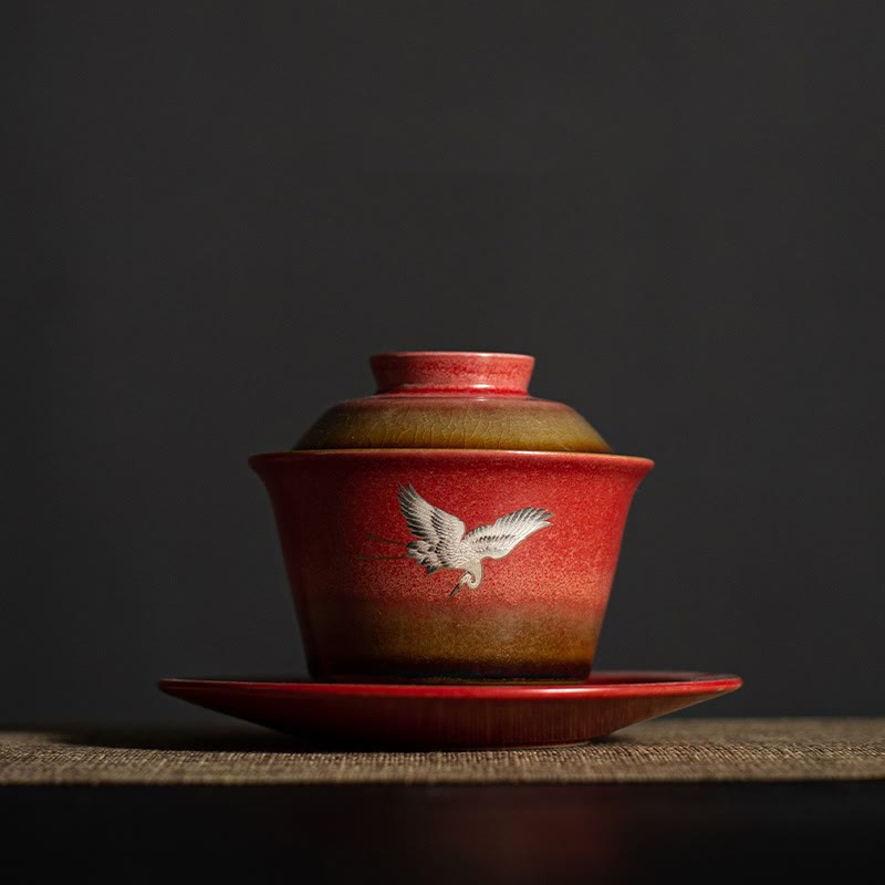 Red Auspicious Crane Ceramic Gaiwan Sancai Teacup Kung Fu Tea Cup And Saucer With Lid