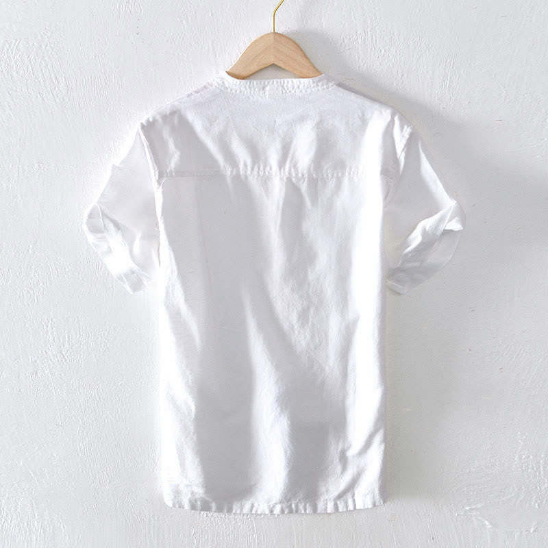 Summer Stand Collar Short Sleeve Cotton Linen Half Button Men's Shirt