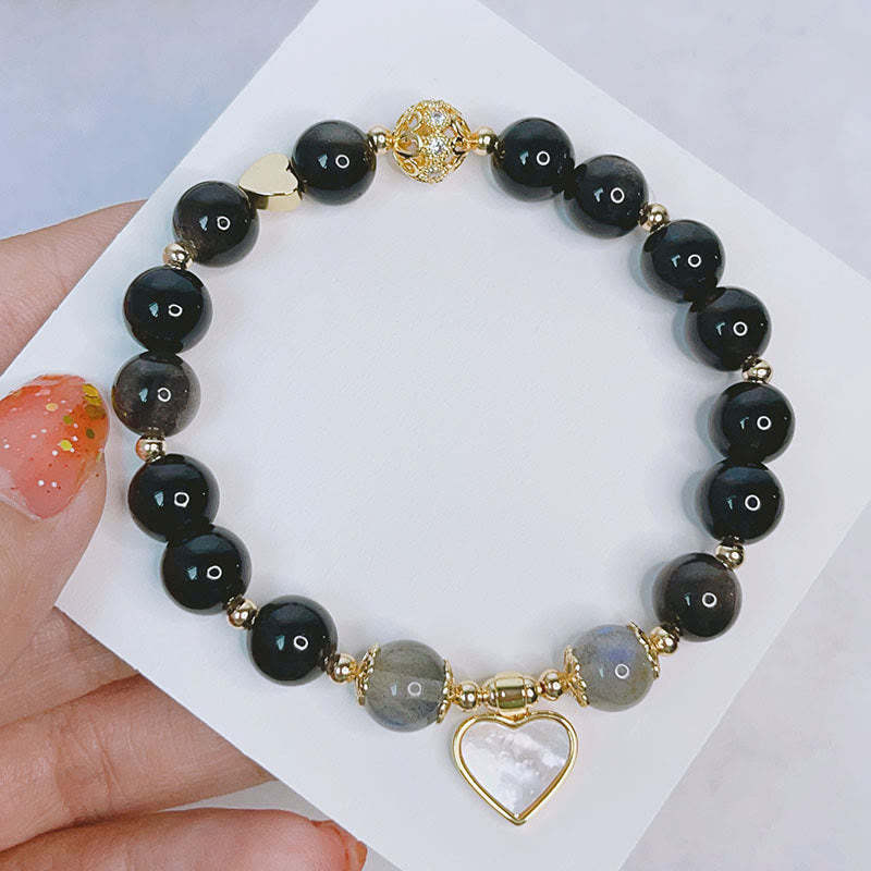 Natural Silver Sheen Obsidian Love Heart Star Flower Protection Bracelet (Extra 30% Off | USE CODE: FS30)