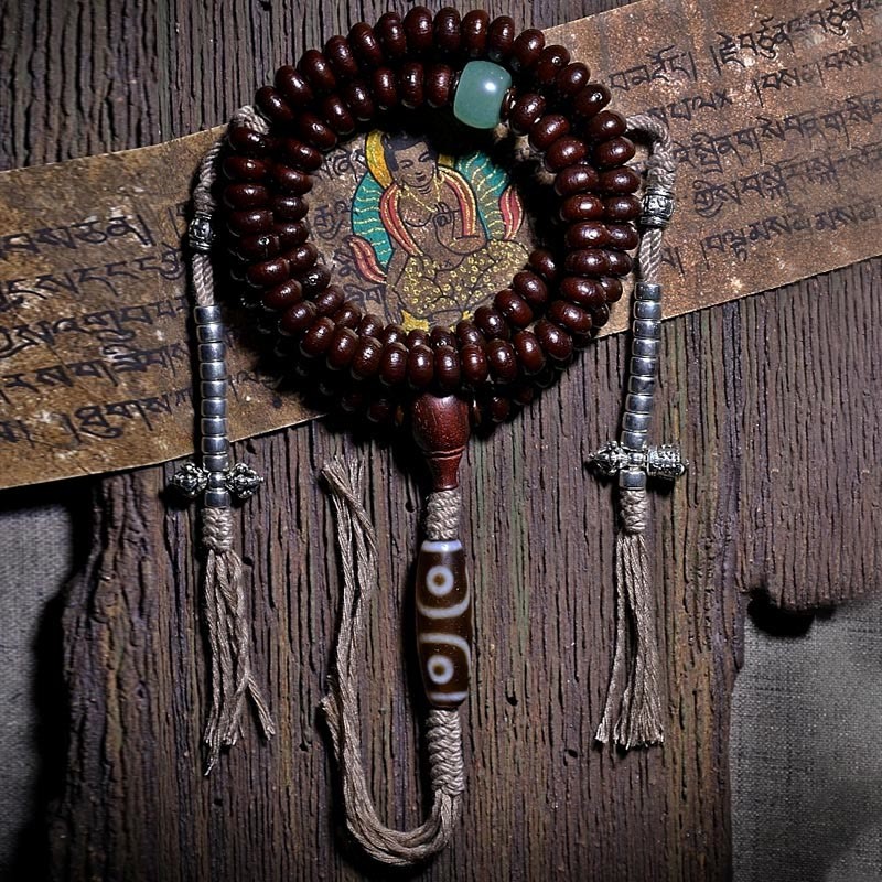 Natural Tibet 108 Mala Beads Purple Bodhi Seed Three-eyed Dzi Bead Copper Dorje Harmony Bracelet