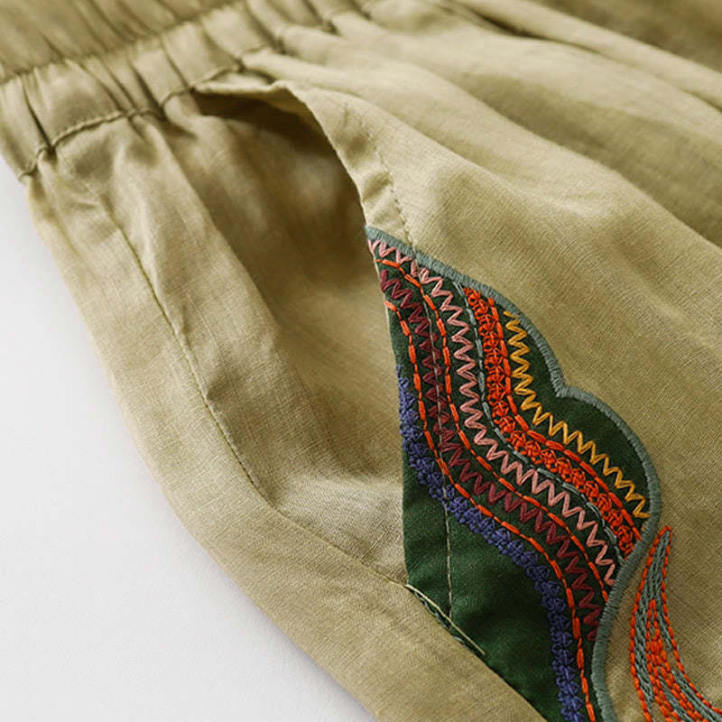 Summer Embroidery Double Layer Cotton Linen Women's Wide Leg Pants With Pockets