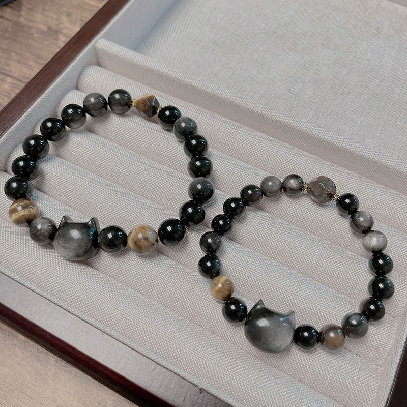 Natural Silver Sheen Obsidian Beads Cute Cat Soothing Bracelet