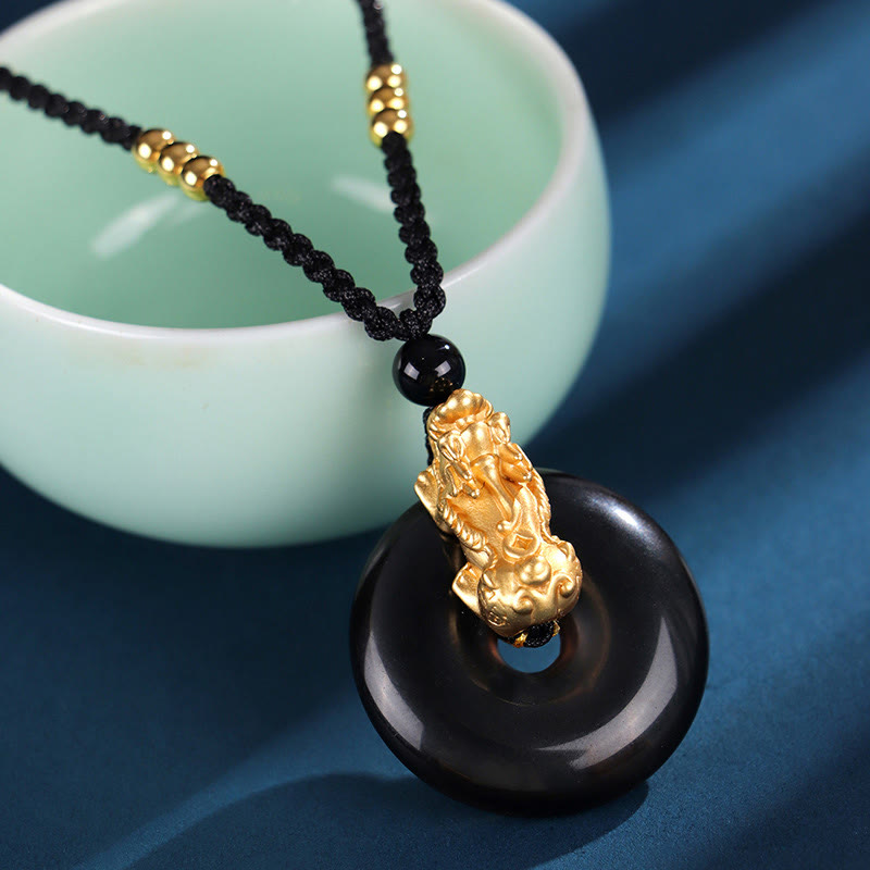 Black Onyx White Agate Peace Buckle 999 Sterling Silver Gold PiXiu Fortune Necklace Pendant