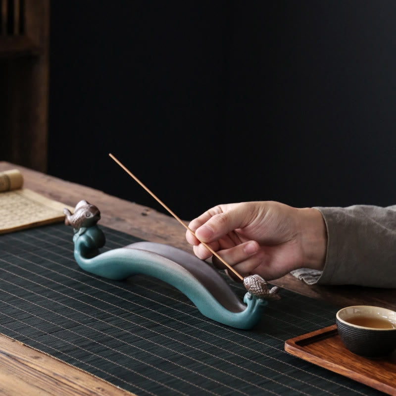 Double Koi Fish Mountain Healing Ceramic Stick Incense Burner Decoration