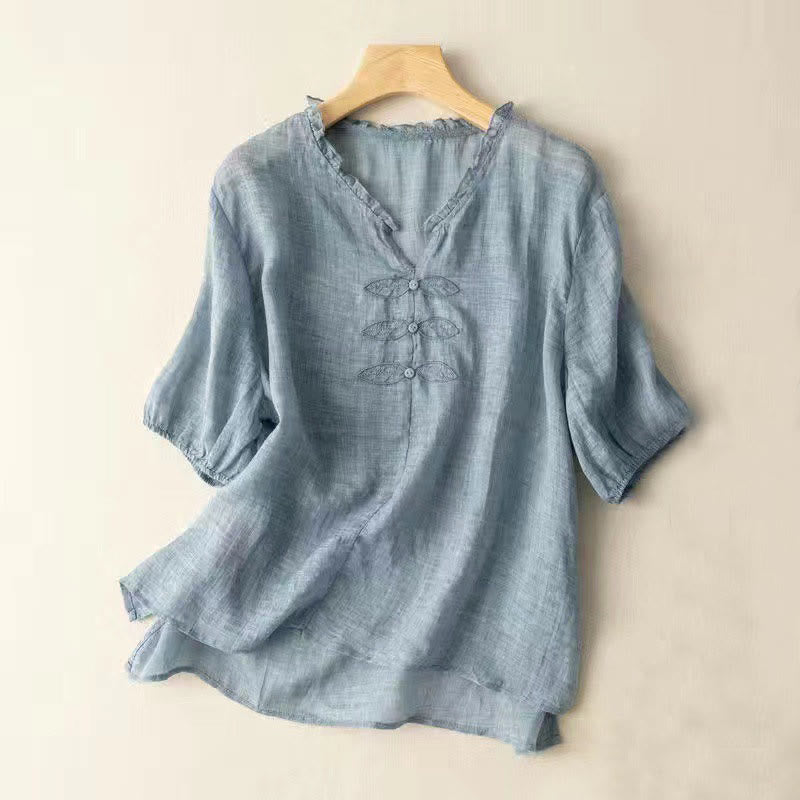 Casual Embroidery Leaf Ungus Edge Wrinkle Women's V-neck Design Half Sleeve Cotton Shirt