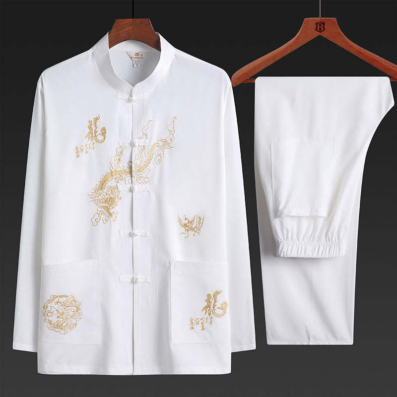 Chinese New Year Embroidered Dragon Frog-button Tang Suit Hanfu Traditional Uniform Long Sleeve Top Pants Clothing Men's Set