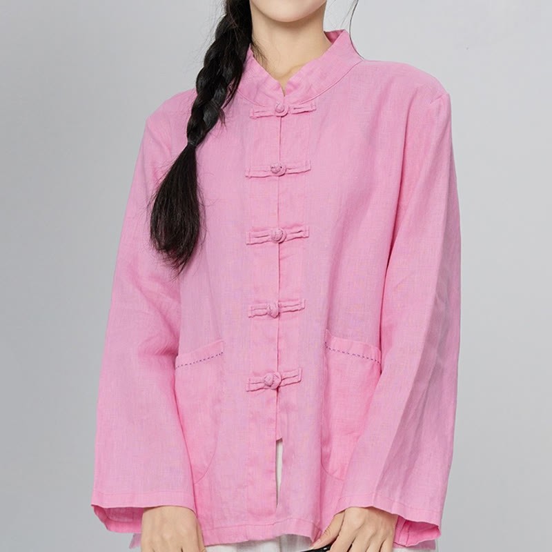 Solid Color Frog-button Long Sleeve Linen Women's Shirts With Pockets