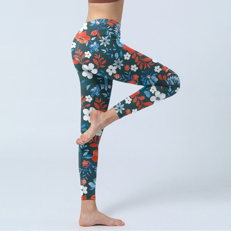 Red White Flower Dandelion Print Gym Fitness Leggings Women's Yoga Pants