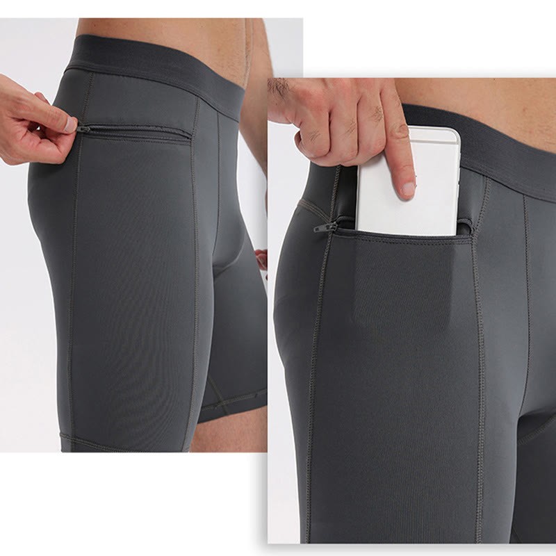 Men's Tight Stretch High Elasticity Quick Dry Sports Shorts With Zipper Pockets