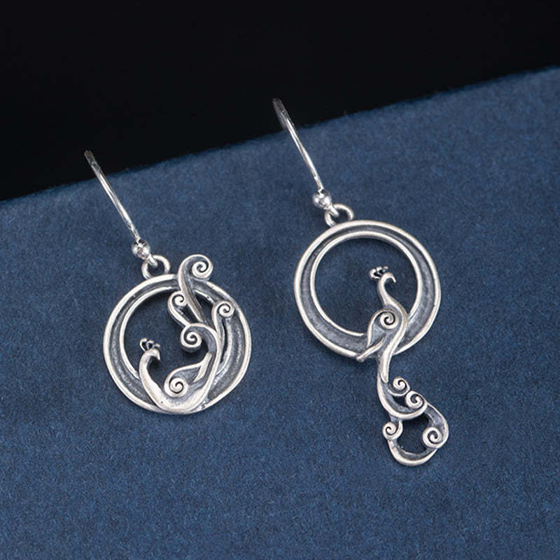 925 Sterling Silver Round Asymmetry Peacock Fortune Earrings