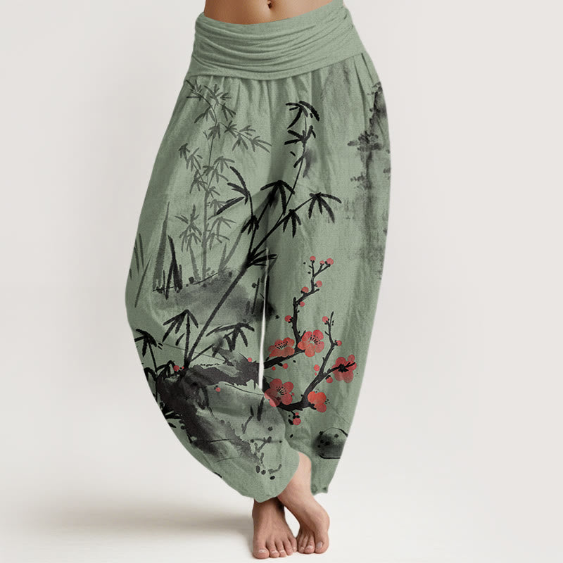 Plum Blossoms Bamboo Orchids Chrysanthemums Pattern Women's Elastic Waist Harem Pants