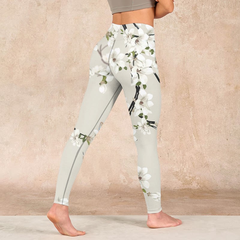 White Magnolia Flower Print Sports Fitness Leggings Women's Yoga Pants