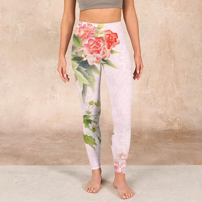 Hibiscus Flowers And Leaves Print Gym Leggings Women's Yoga Pants