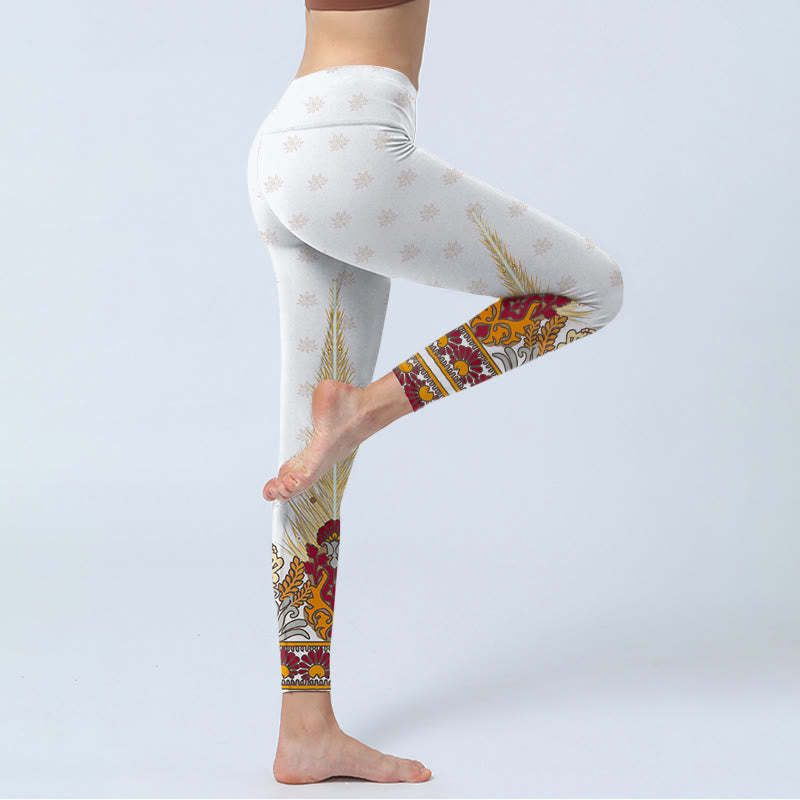 White Abstract Lotus Flower Print Gym Leggings Women's Yoga Pants