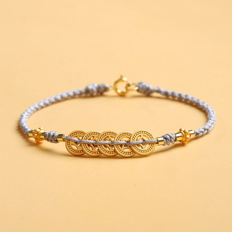 Copper Coin Fortune Tree Pearl Luck Blue Rope Braided Bracelet