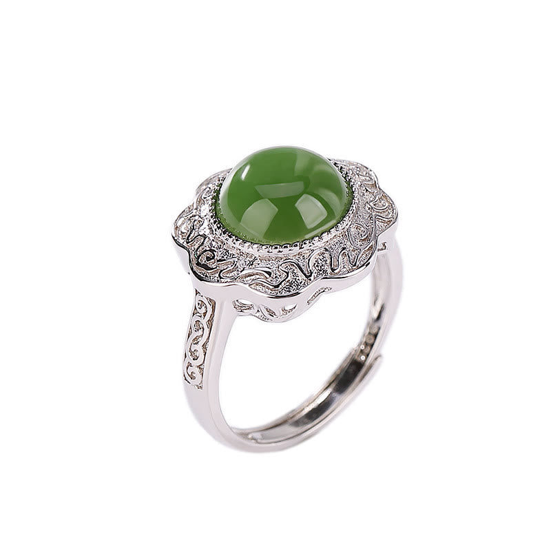 925 Sterling Silver Hetian Cyan Jade Flower Design Luck Adjustable Ring