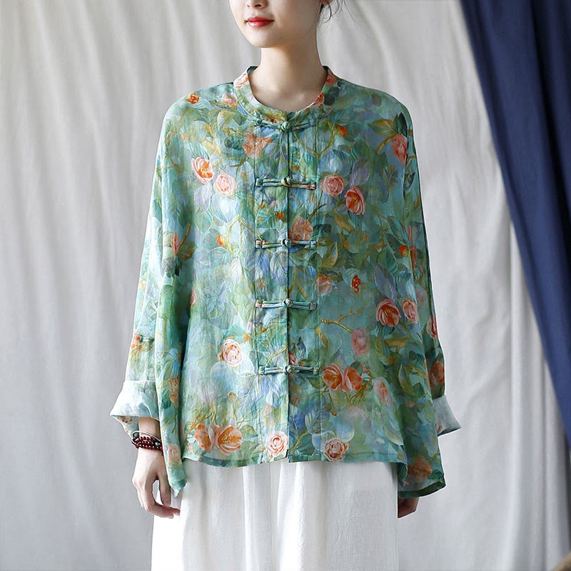 Pink Flowers Green Leaves Print Frog-button Design Long Sleeve Ramie Linen Jacket Shirt