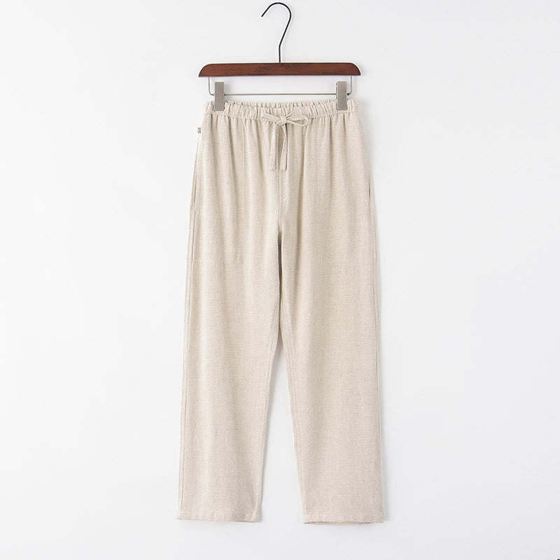 Spring Summer Solid Men's Drawstring Linen Pants With Pockets