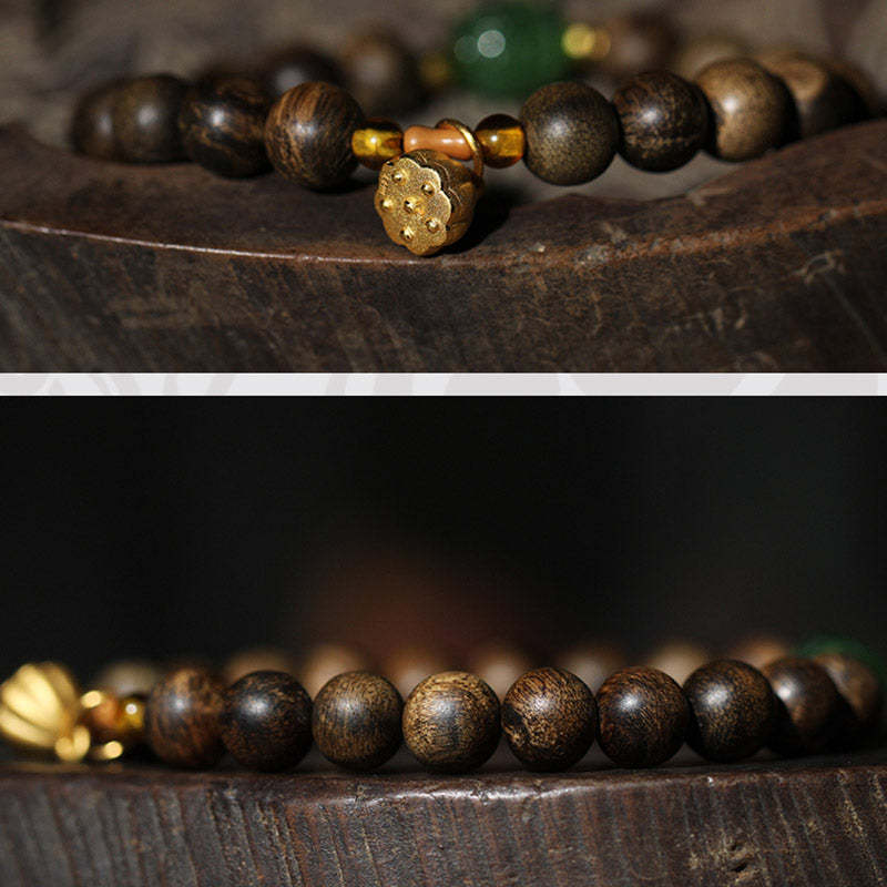 999 Gold Brunei Agarwood Cyan Jade Lotus Flower Peace Strength Bracelet