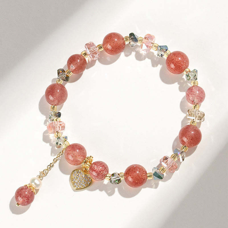Strawberry Quartz White Crystal Pearl Liuli Heart Healing Bracelet