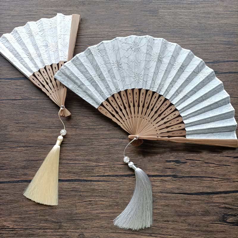 Solid Color Hollow Flowers Embroidery Cotton Fabric Handheld Bamboo Folding Fan