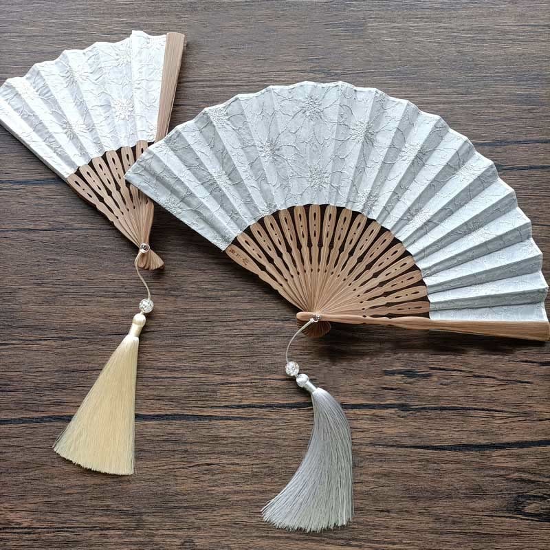 Solid Color Hollow Flowers Embroidery Cotton Fabric Handheld Bamboo Folding Fan