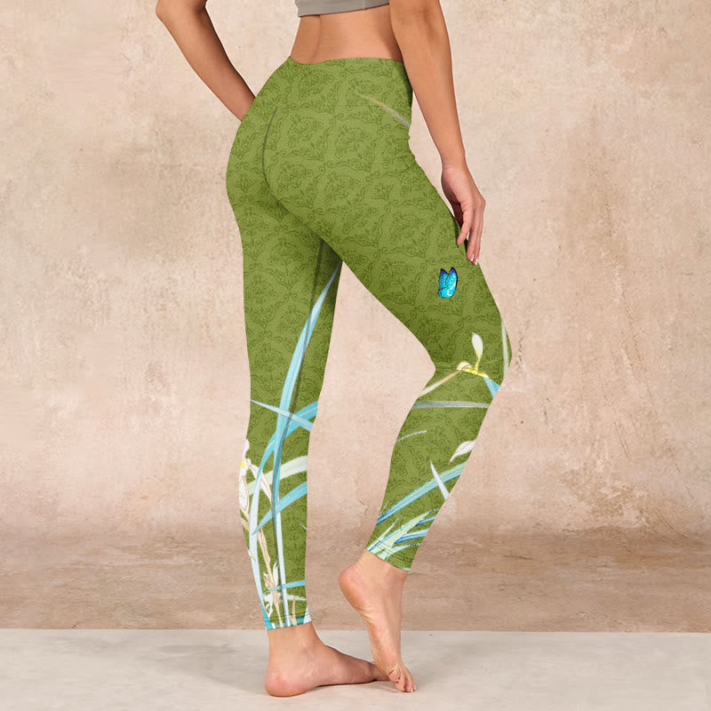 Green Butterfly Orchid Flowers Print Gym Leggings Women's Yoga Pants