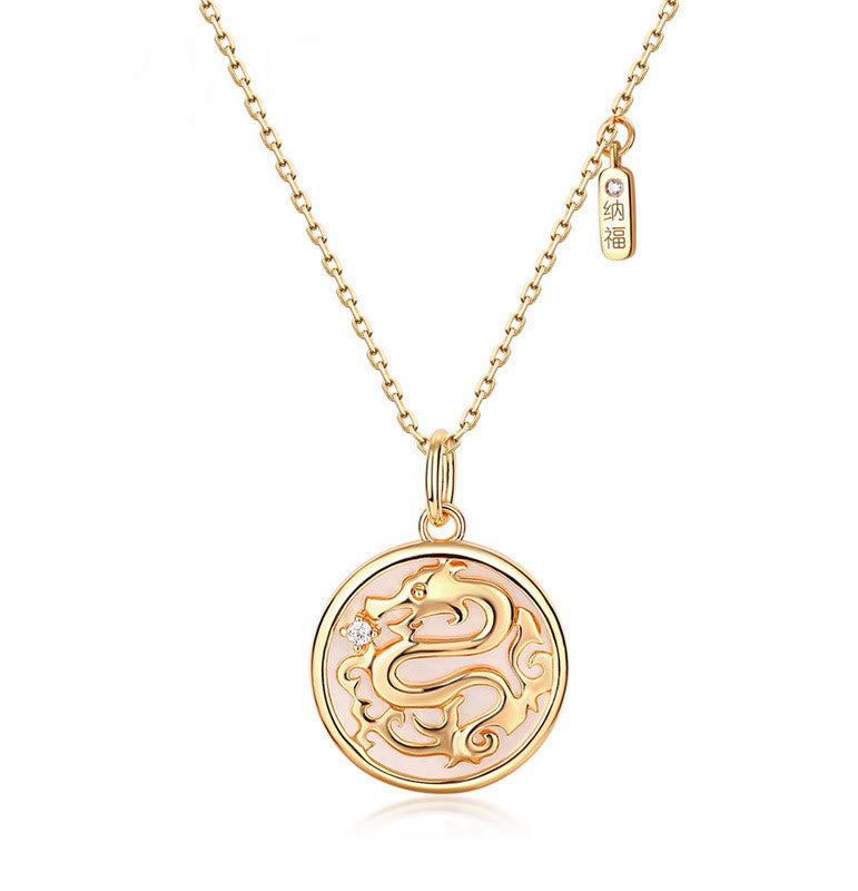 ???A Flash Sale-  925 Sterling Silver Tridacna Stone Year of the Dragon Fu Character Luck Strength Necklace Pendant