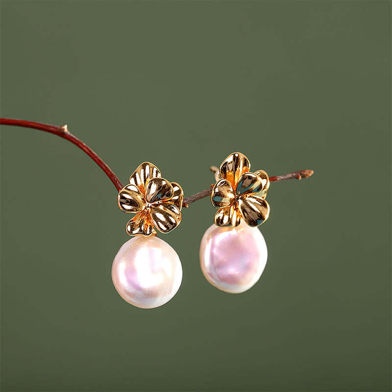 925 Sterling Silver Natural Baroque Pearl Flower Healing Drop Earrings