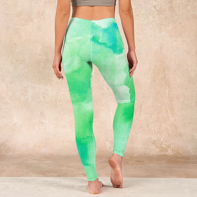 Green Ink Wash Pattern Gym Leggings Women's Yoga Pants