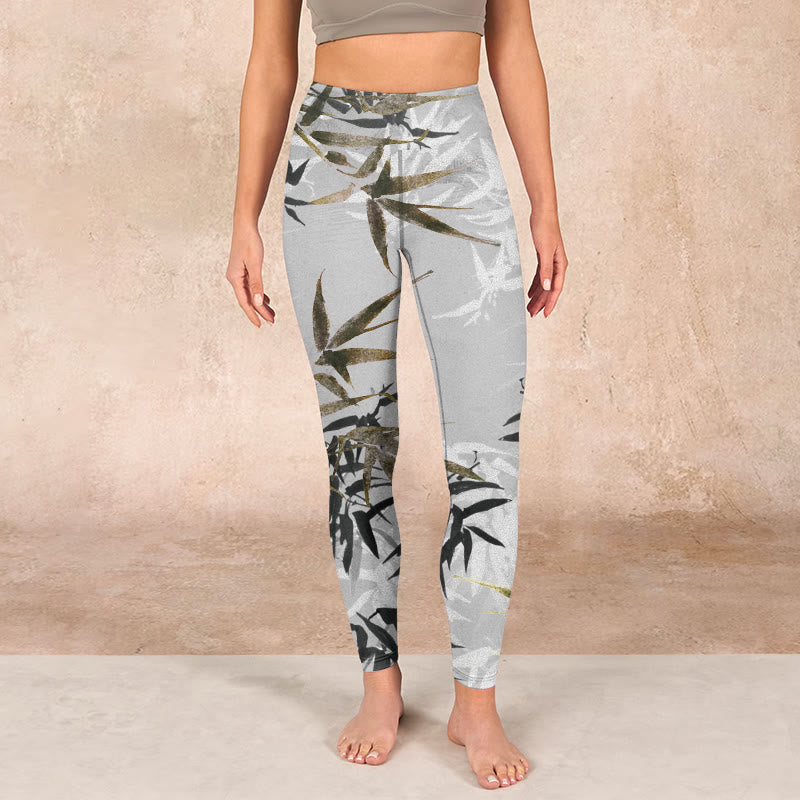 Dark Gray Bamboo Leaves Print Gym Leggings Women's Yoga Pants