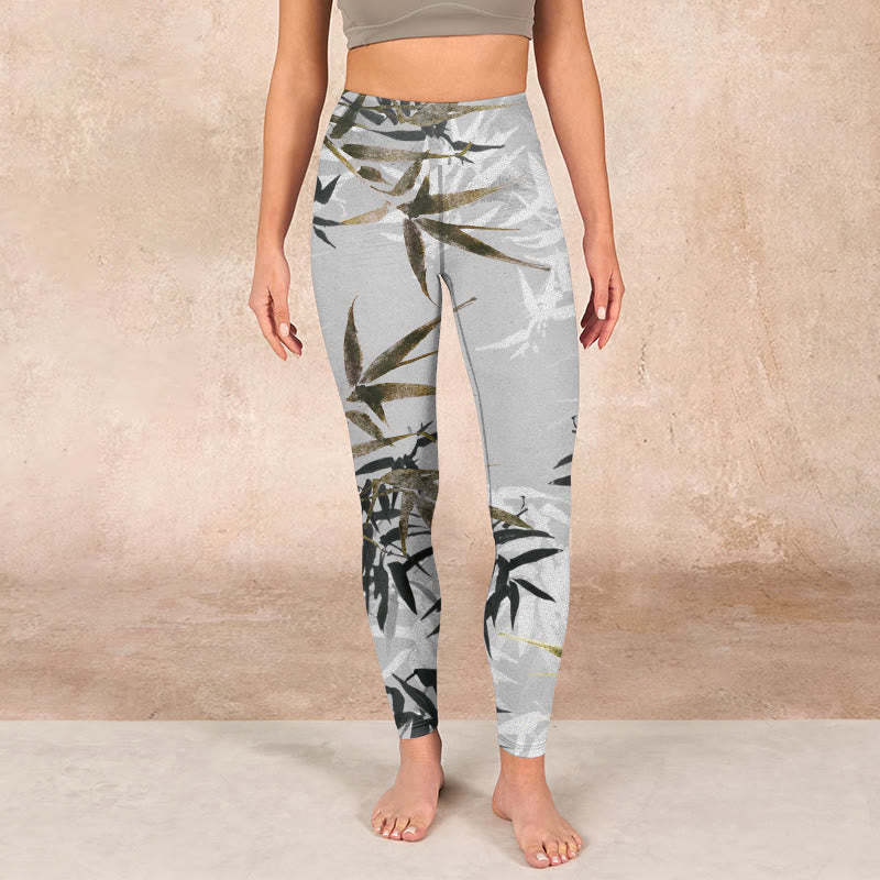 Dark Gray Bamboo Leaves Print Gym Leggings Women's Yoga Pants