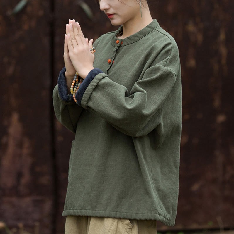 Retro Solid Color Thermal Long Sleeve Ramie Linen Women's Shirt