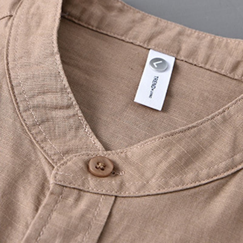 Men's Long Sleeve Stand Collar With Pocket Pure Color Casual Cotton Linen Shirt