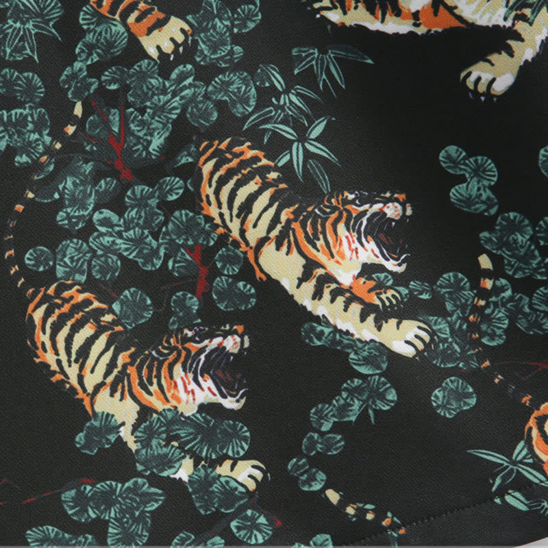 Chinese New Year Forest Tiger Red Cuff Frog-button Tang Suit Men's Jacket Shirt With Pockets