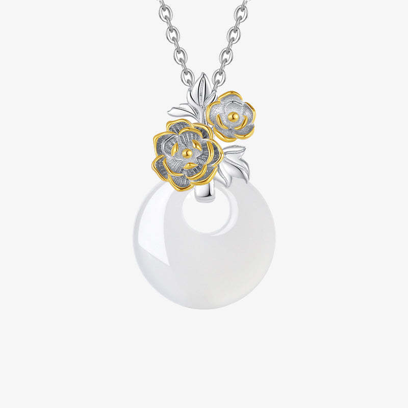 925 Sterling Silver Round Chalcedony Twelve Months Flower Harmony Necklace Pendant