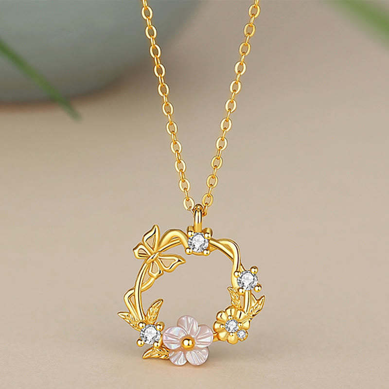 925 Sterling Silver Cubic Zirconia Shell Butterfly Peach Blossom Blessing Necklace Pendant