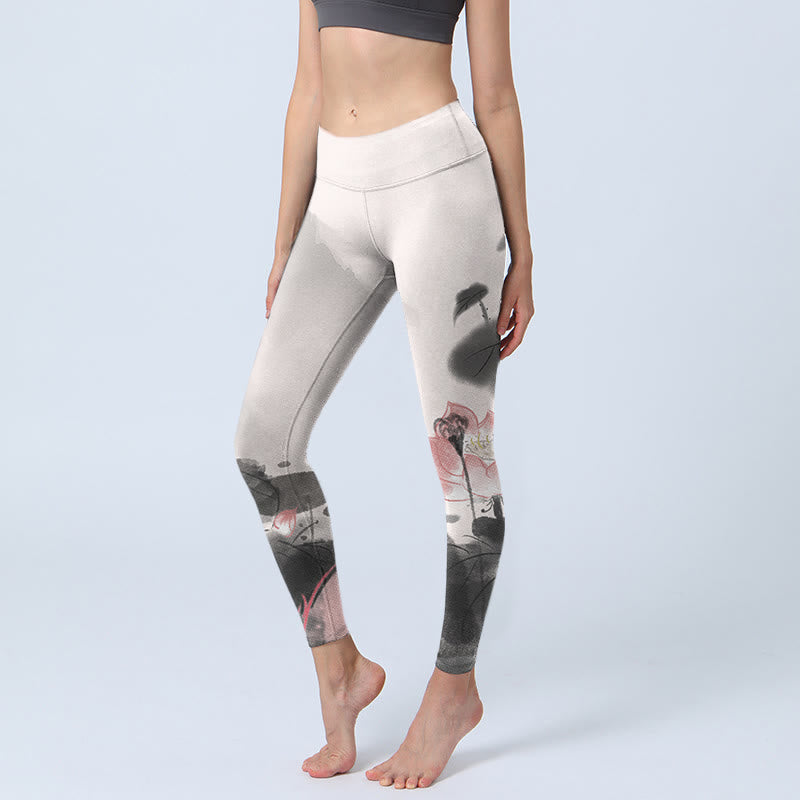 Ink Painting Lotus Flower Leaf Print Gym Fitness Leggings Women's Yoga Pants