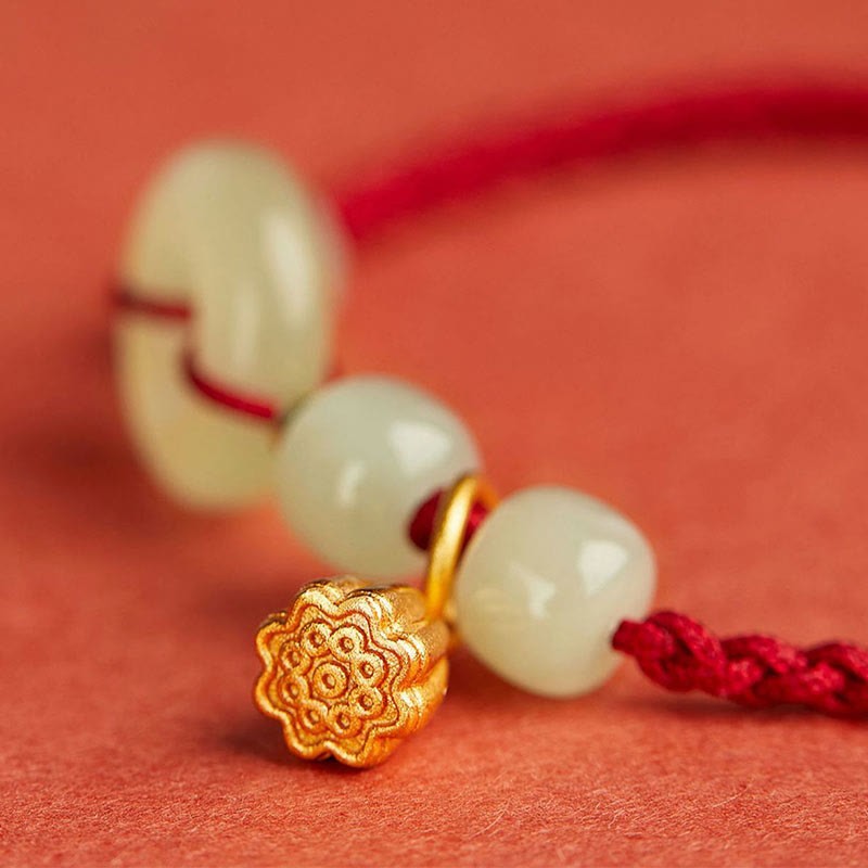 Round Peace Buckle Jade Lotus Happiness Abundance Wealth String Bracelet
