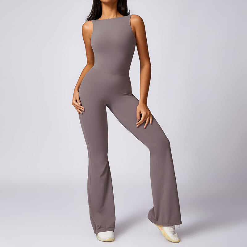Women Casual Sleeveless Jumpsuit Flare Pants Sports Fitness Yoga Bodysuit