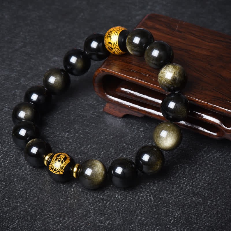 Chinese Zodiac Natal mystic zen Gold Sheen Obsidian Wealth Protection Bracelet