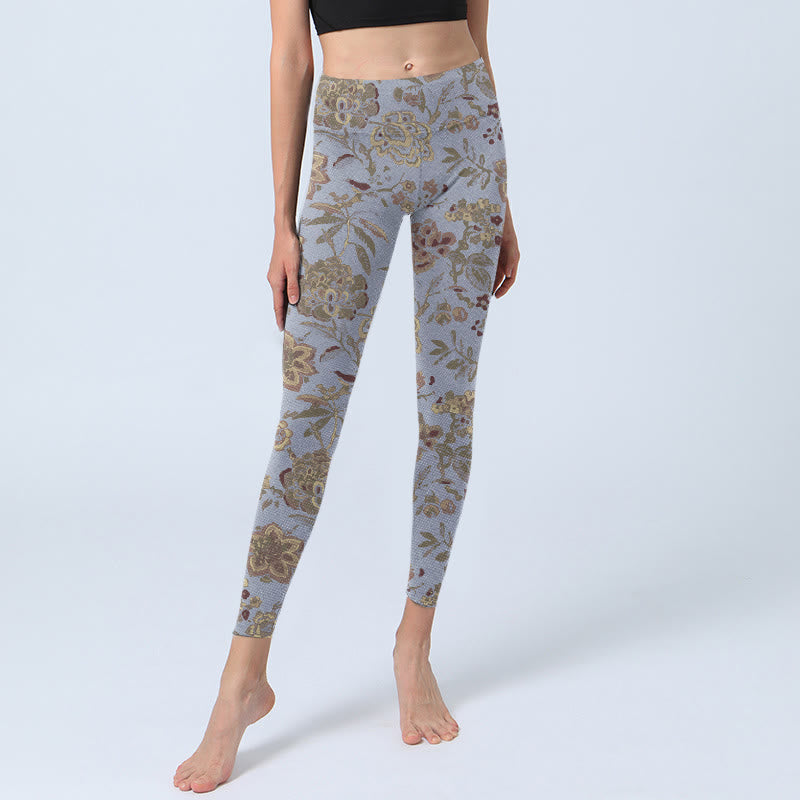 Grey Green Leaves Flowers Print Gym Leggings Women's Yoga Pants