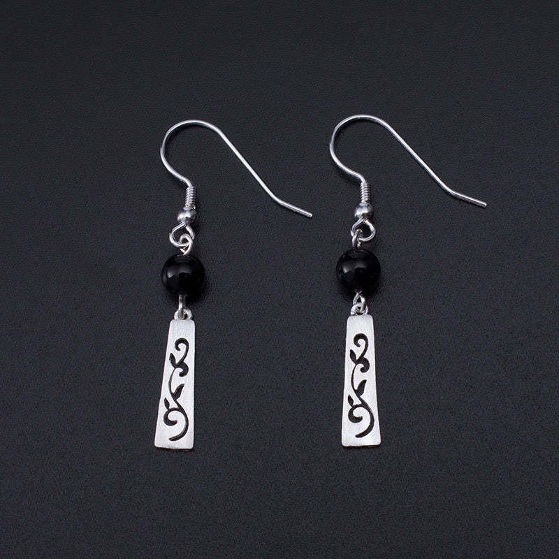 925 Sterling Silver Black Onyx Hollow Vine Protection Drop Earrings