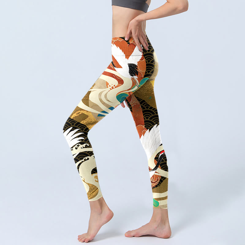 Red-crowned Crane Auspicious Clouds Pine Tree Print Gym Leggings Women's Yoga Pants