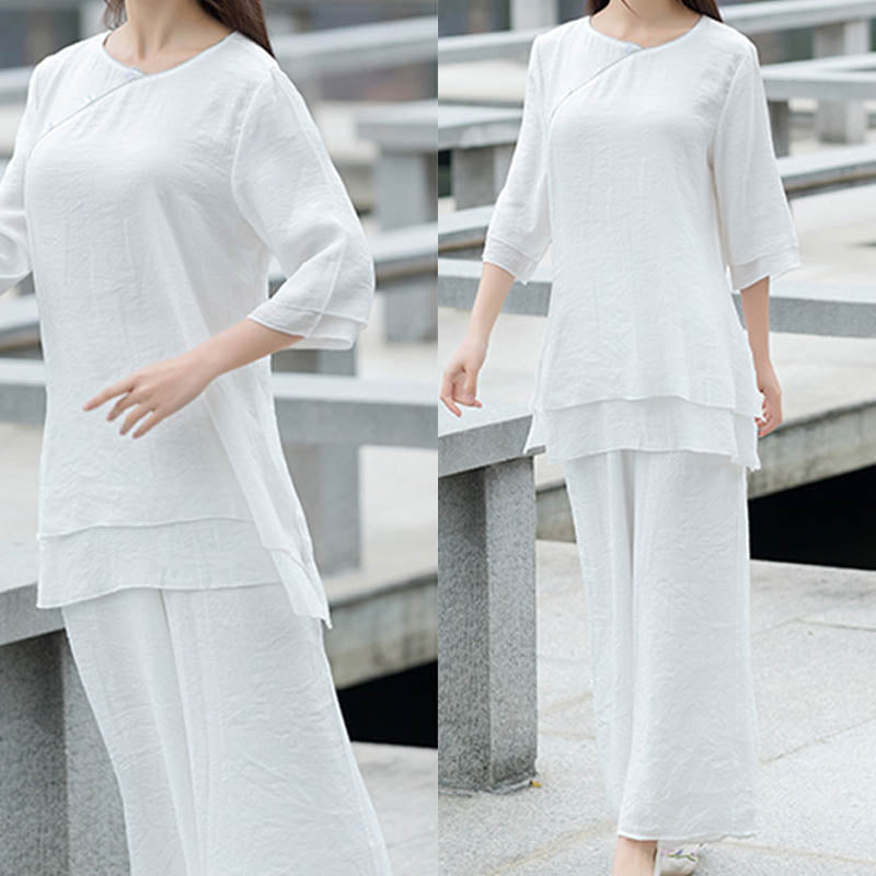 2Pcs Simple Design White Top Pants Meditation Yoga Zen Tai Chi Cotton Linen Clothing Women's Set