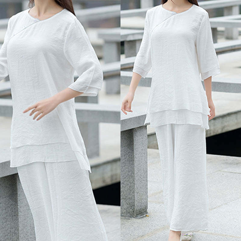 2Pcs Simple Design White Top Pants Meditation Yoga Zen Tai Chi Cotton Linen Clothing Women's Set