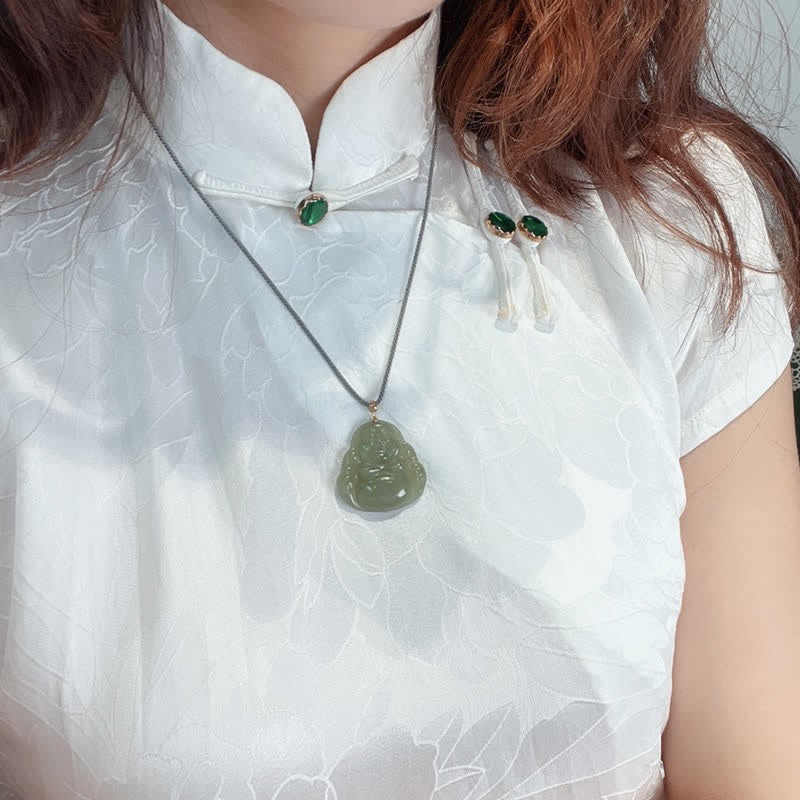 18K Gold Laughing mystic zen Jade Abundance Necklace String Pendant