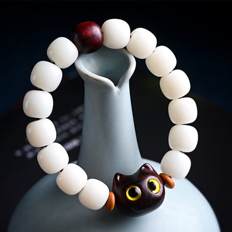 Natural Bodhi Seed Small Leaf Red Sandalwood Ebony Wood Cute Lucky Cat Wisdom Bracelet